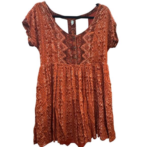 Free People Bohemian Rust Red Dress with Geometric Patterns - Super Soft Rayon - Picture 1 of 8